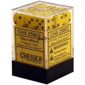 Chessex Opaque D6 Dice 12 mm Yellow w/black - Sárga/fekete dobókocka doboz